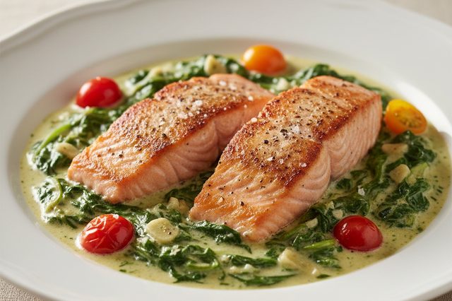Salmão com molho cremoso de espinafre e tomate