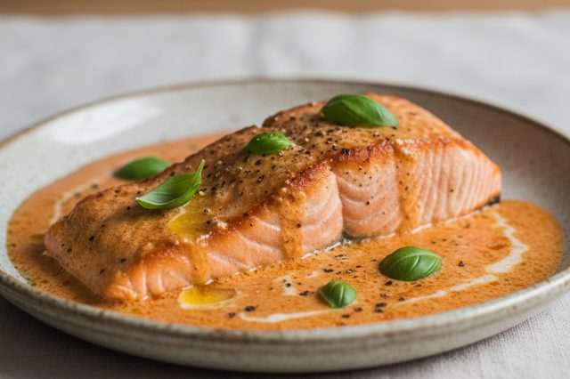 Salmão com molho de tomate e leite de coco