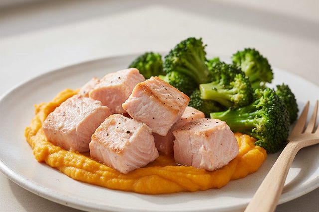 Salmão com purê de batata-doce e brócolis