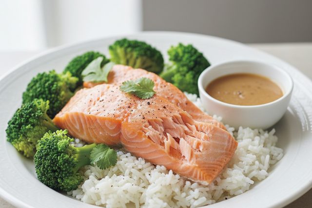 Salmão e brócolis no vapor com arroz