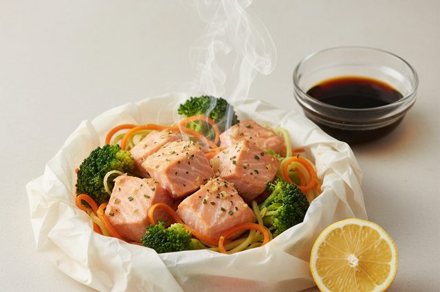 Salmão em papillote com brócolis e shoyu
