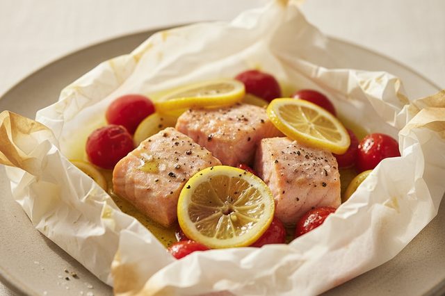 Salmão em papillote com tomate e limão