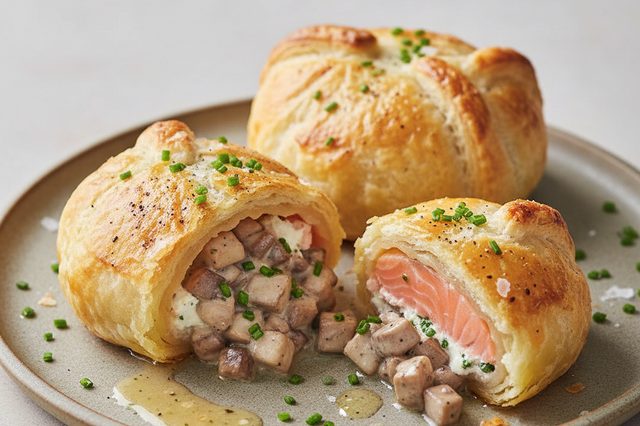 Salmão folhado com cogumelos e cream cheese