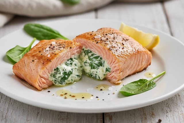 Salmão recheado com cream cheese e espinafre