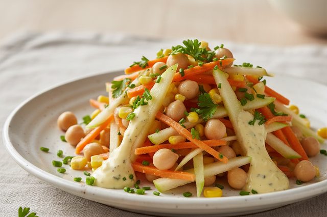 Salpicão de grão-de-bico com maionese de lemon pepper