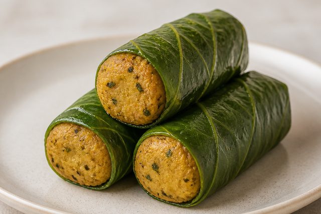 Salsicha de grão-de-bico no vapor com couve