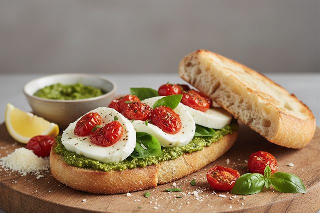 Sanduíche caprese com pesto e tomate assado