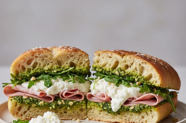 Sanduíche de focaccia com pesto de rúcula e burrata