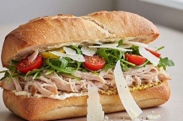 Sanduíche de peru com rúcula e parmesão