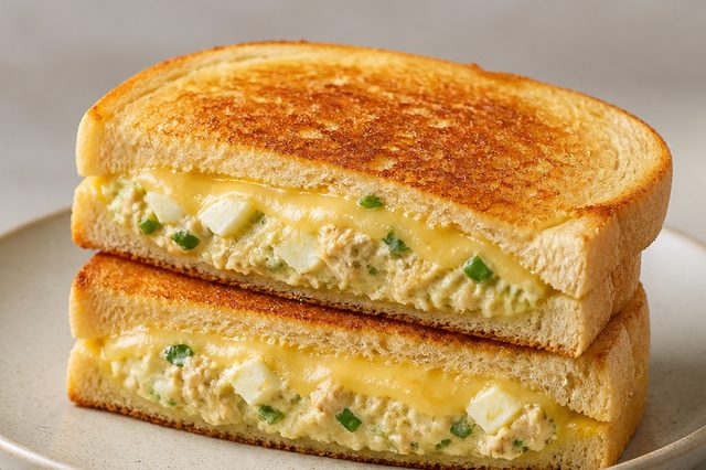 Sanduíche quente de ovo, abacate e atum