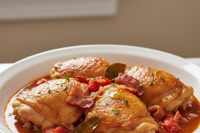 Sobrecoxa ensopada com bacon e tomate
