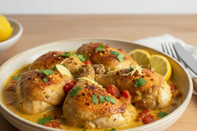 Sobrecoxas ao curry assadas no leite de coco