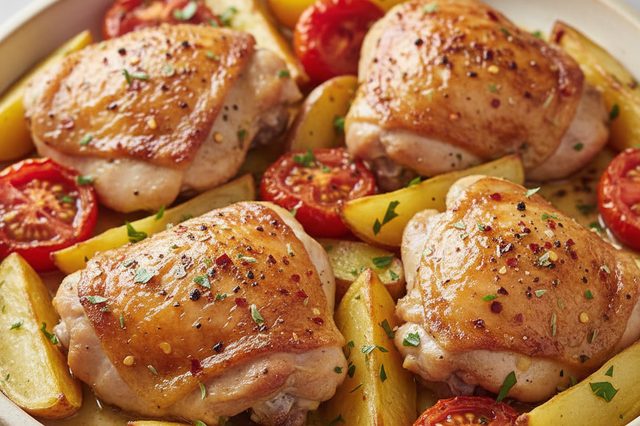 Sobrecoxas assadas com batata e tomate