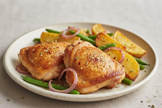 Sobrecoxas assadas com batatas e vagem