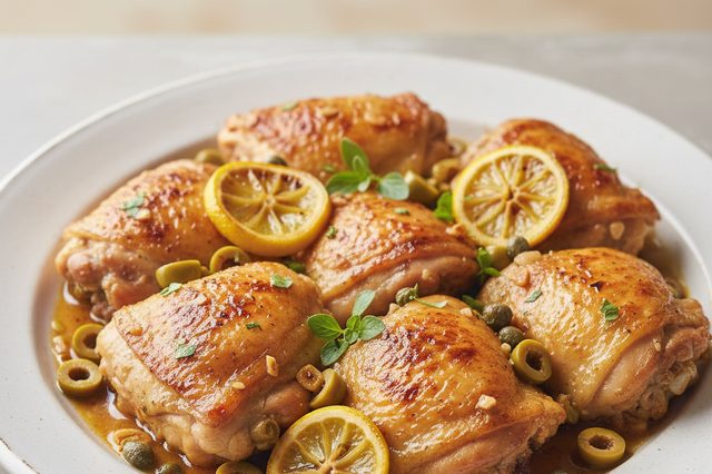 Sobrecoxas com azeitonas alcaparras e limão
