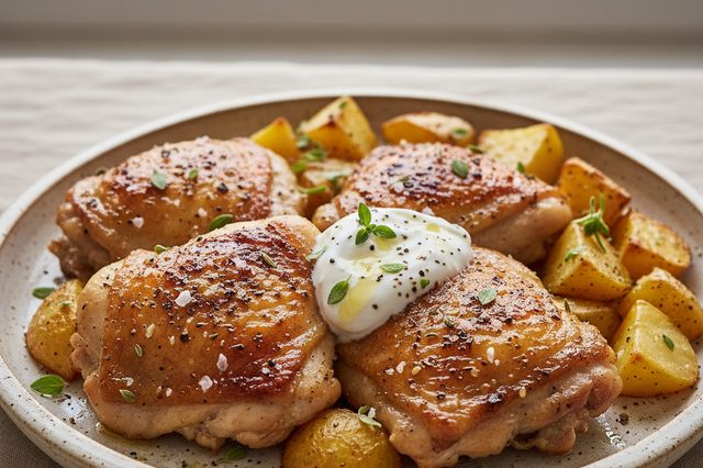 Sobrecoxas e batatas assadas com iogurte