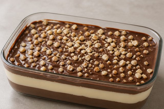 Sobremesa de dois chocolates com casquinha de castanhas