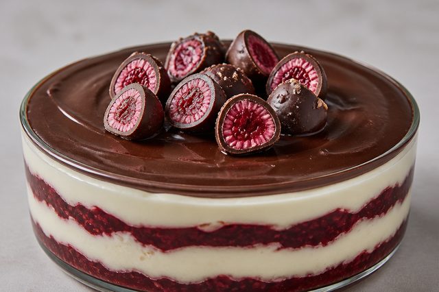 Sobremesa de framboesa com brigadeiro branco e casquinha