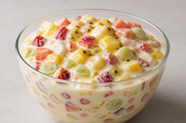 Sobremesa de frutas com creme de iogurte e maracujá