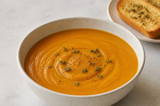 Sopa cremosa de abóbora assada com cenoura e alho