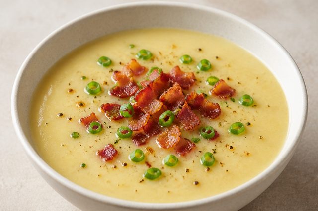 Sopa cremosa de batata com bacon e alho-poró