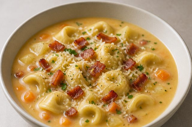 Sopa cremosa de capelete com bacon