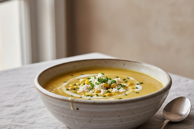 Sopa cremosa de milho com queijo de cabra