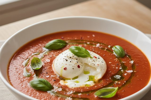 Sopa cremosa de tomate com burrata e manjericão