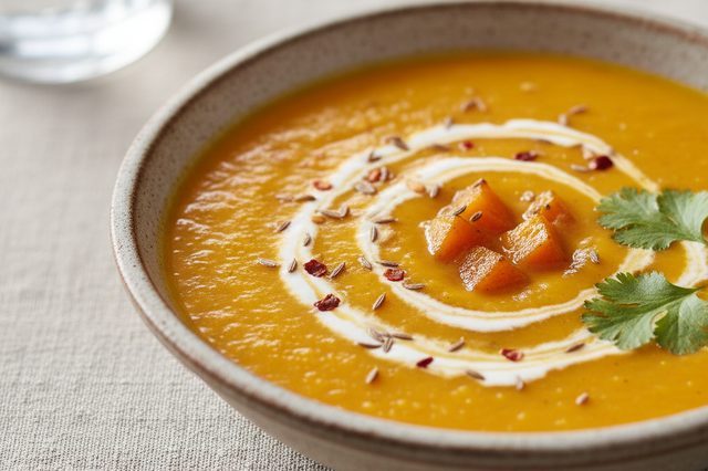 Sopa de abóbora com cominho e leite de coco