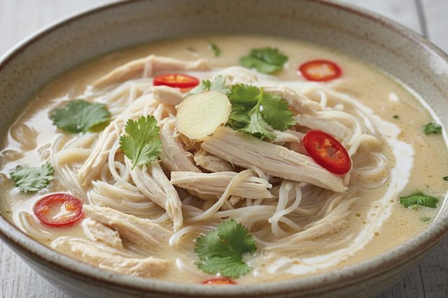 Sopa de frango com bifum e leite de coco