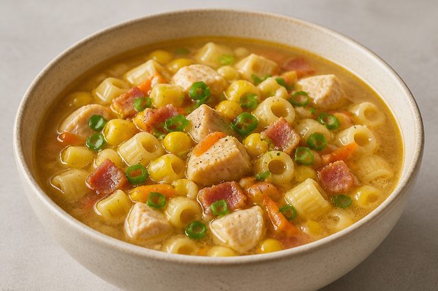 Sopa de macarrão com frango, bacon e legumes