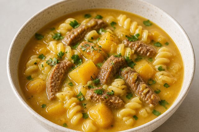 Sopa de mandioquinha com carne e macarrão