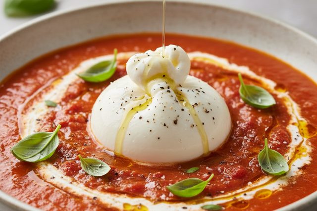 Sopa de tomate assado com burrata