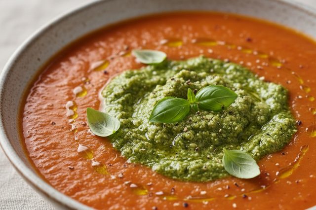 Sopa de tomate assado com pesto