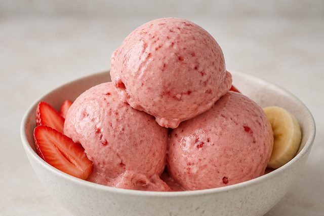 Sorvete cremoso de banana, morango e leite vegetal