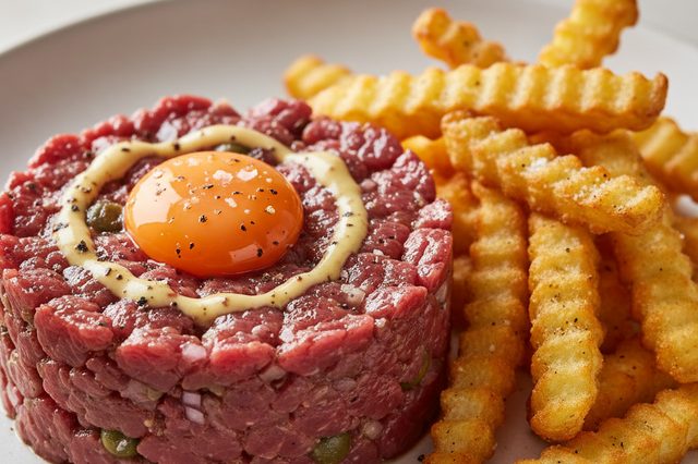 Steak tartare com batatas na air fryer