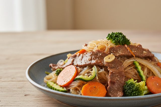 Stir-fry de carne com bifum e legumes