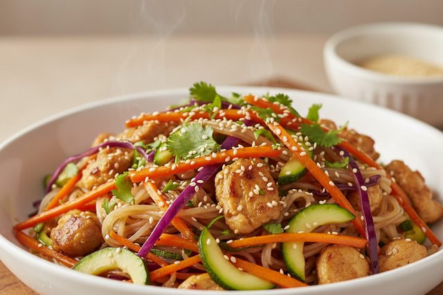 Stir-fry de frango com legumes e macarrão de arroz
