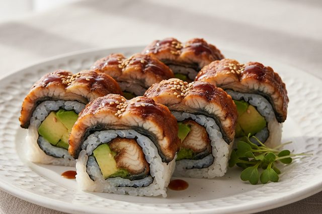 Sushi de enguia grelhada com avocado