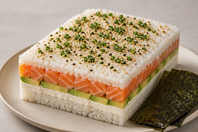 Sushi de travessa com salmão, avocado e cream cheese