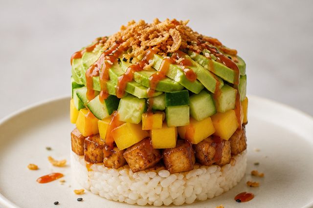 Sushi stack vegano de tofu, manga e abacate
