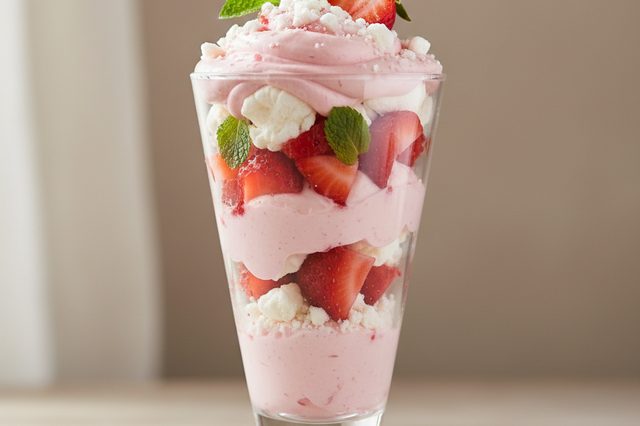 Taça de morango com chantilly de framboesa e suspiro