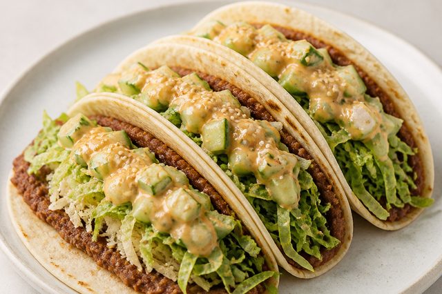Tacos de feijão amassado com molho de pepino