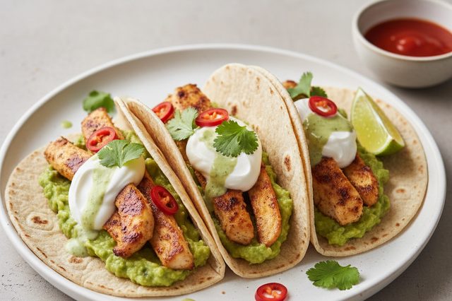 Tacos de frango com tortillas caseiras de trigo