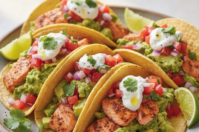 Tacos de salmão com avocado e iogurte