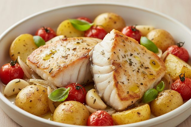 Tamboril assado com batatas e vinho branco