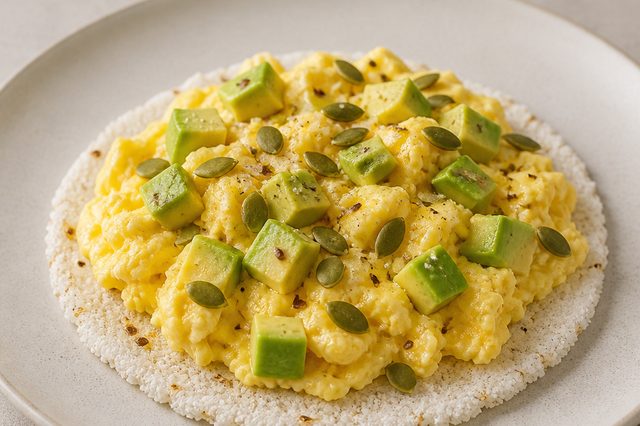 Tapioca com ovos mexidos, abacate e sementes