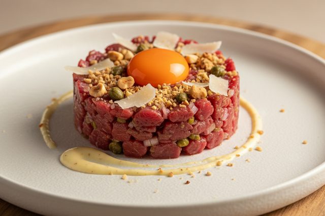 Tartare de filé mignon com alcaparras e avelãs