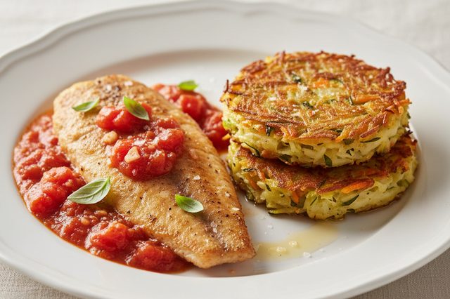 Tilápia ao tomate com rösti de legumes