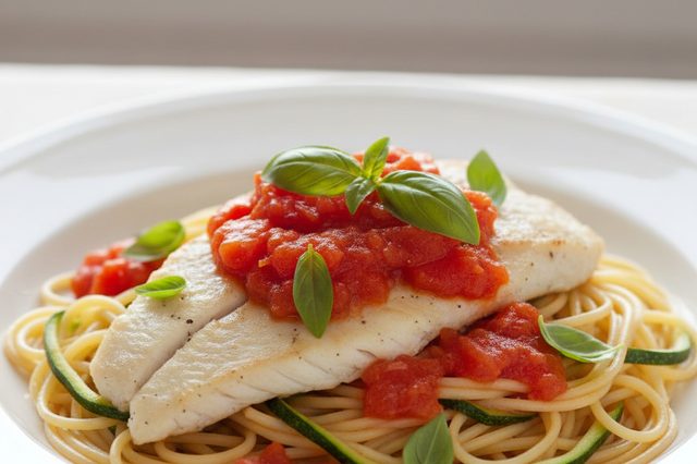 Tilápia ao tomate com spaghettini e abobrinha